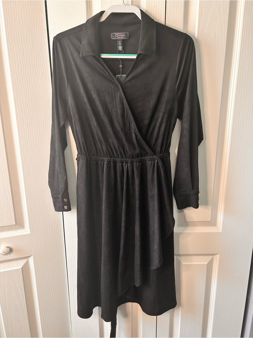 C Wonder by Christian Siriano Women's Large Faux Suede Wrap Tie Dress Black NWT